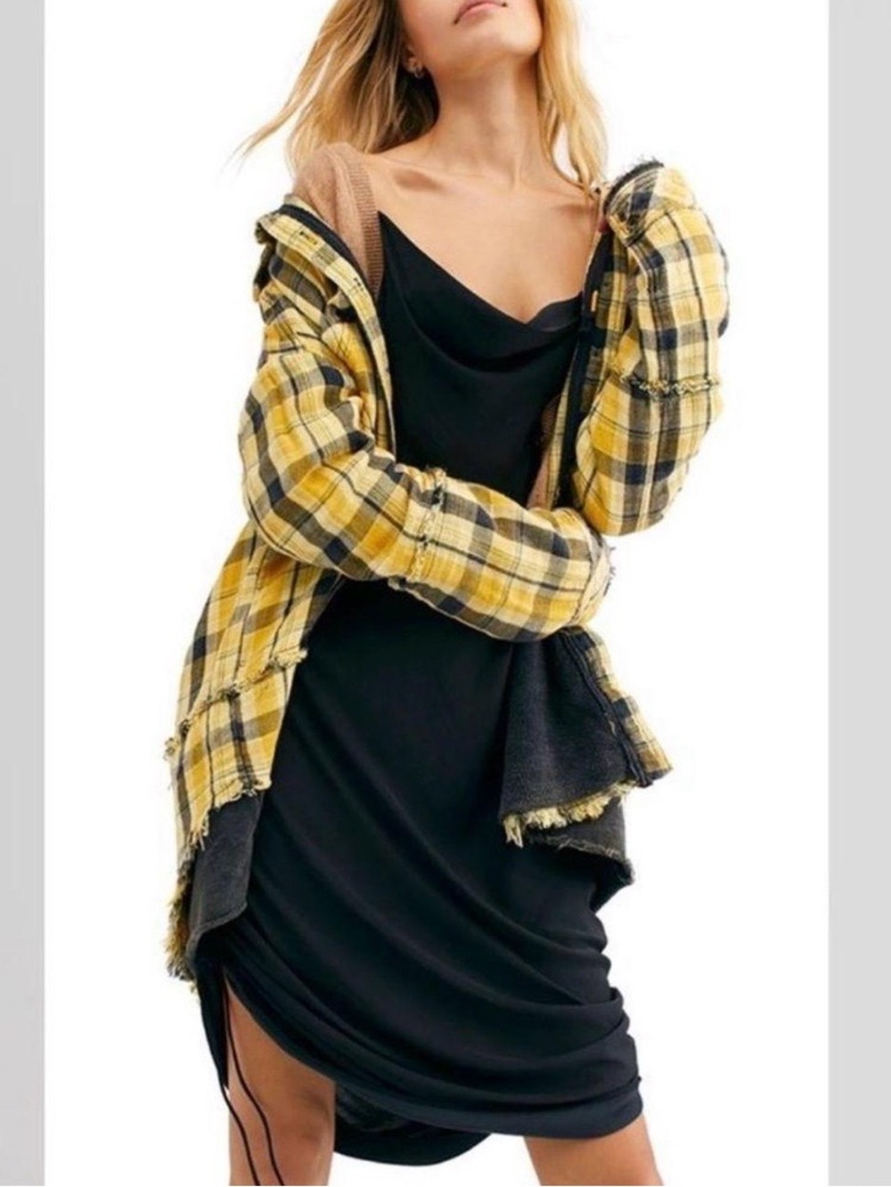 We The Free People Calico Basin Yellow Plaid Flannel Hooded Shirt Jacket Medium